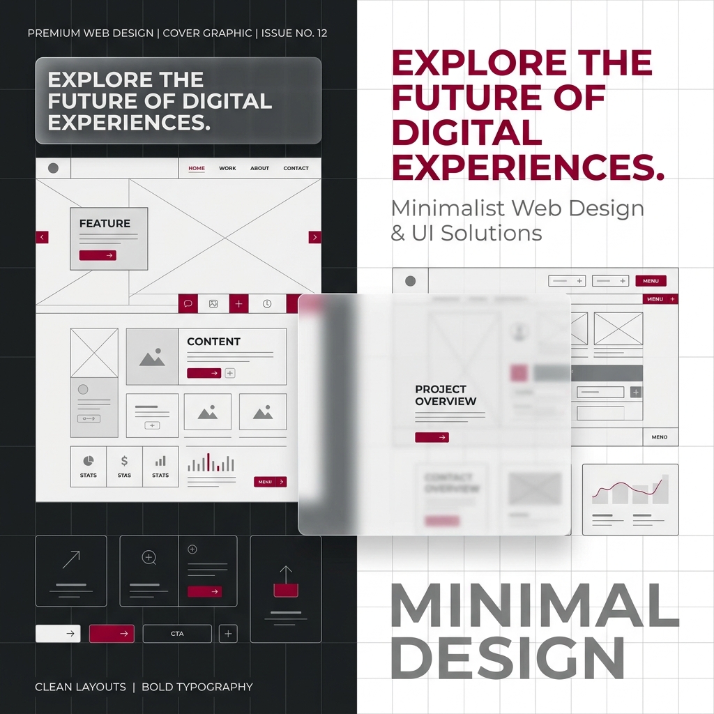Abstract cover showing interface wireframes, color swatches and typography layout lines